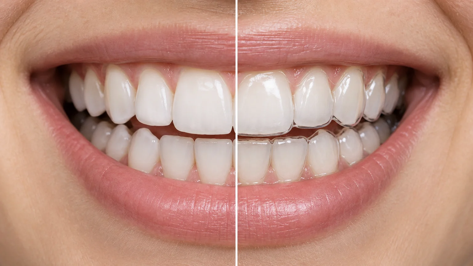 Sourire coupé en deux : sans gouttière à gauche, avec une gouttière transparente à droite